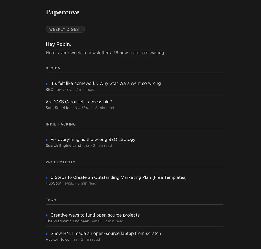 Papercove weekly digest email, grouped by topic