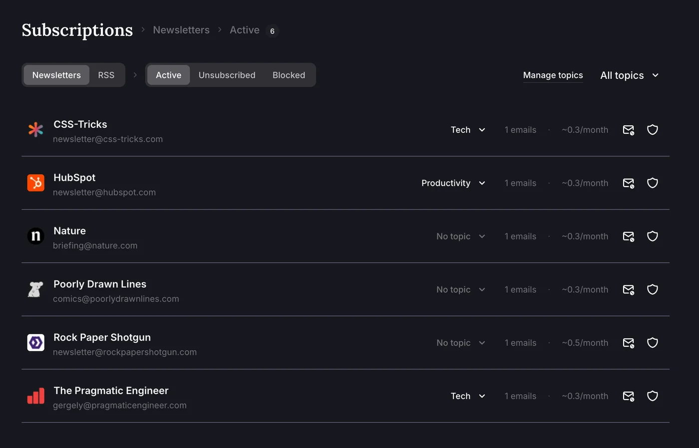 Papercove subscriptions view: newsletters grouped by sender with volume stats, unsubscribe and block actions